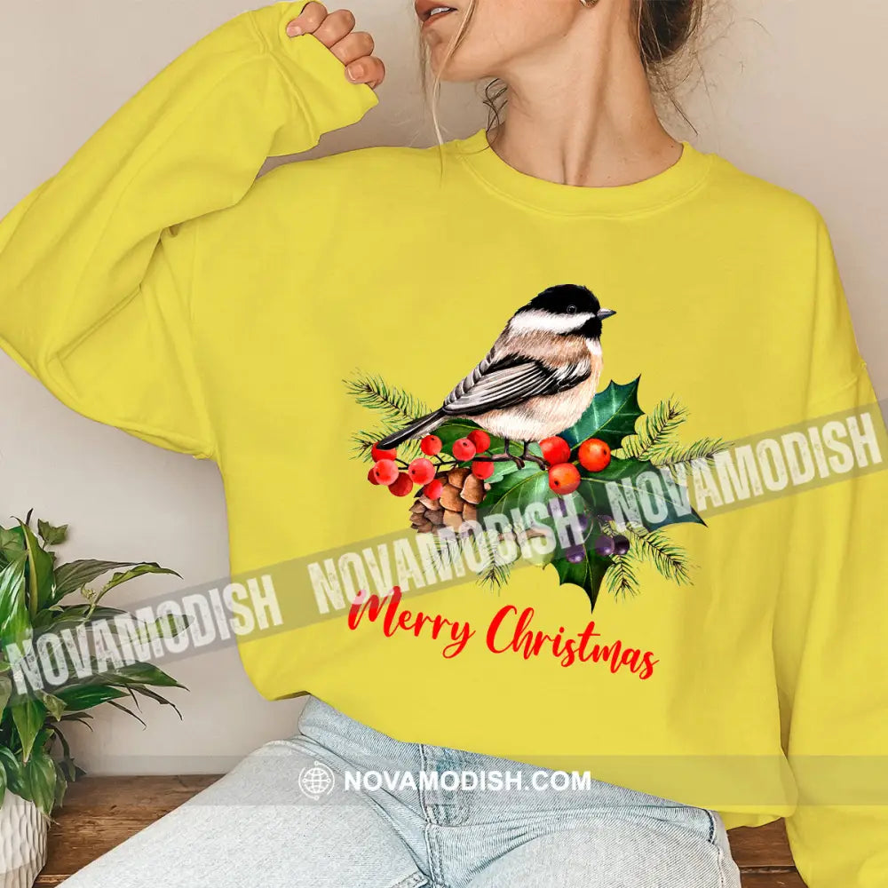 Woman Shirt Merry Christmas Bird Long Sleeve Sweater Gift For / Yellow S T-Shirt