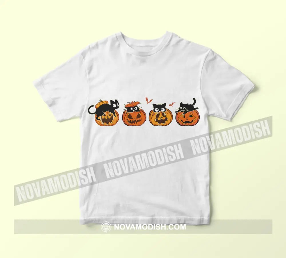 Woman T-Shirt Halloween Pumpkin Cats T-Shirt Classic Tee / White S