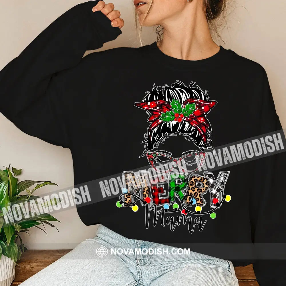 Woman T-Shirt Merry Mama Christmas Hoodie Gift For Long Sleeve / Black S T-Shirt