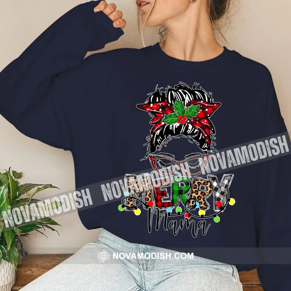 Woman T-Shirt Merry Mama Christmas Hoodie Gift For Long Sleeve / Dark Blue S T-Shirt