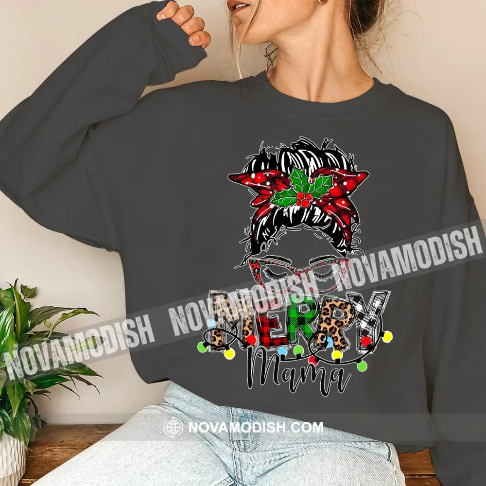 Woman T-Shirt Merry Mama Christmas Hoodie Gift For Long Sleeve / Dark Gray S T-Shirt