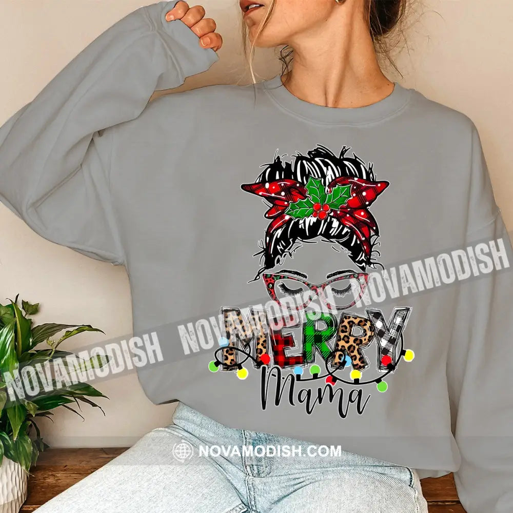 Woman T-Shirt Merry Mama Christmas Hoodie Gift For Long Sleeve / Gray S T-Shirt