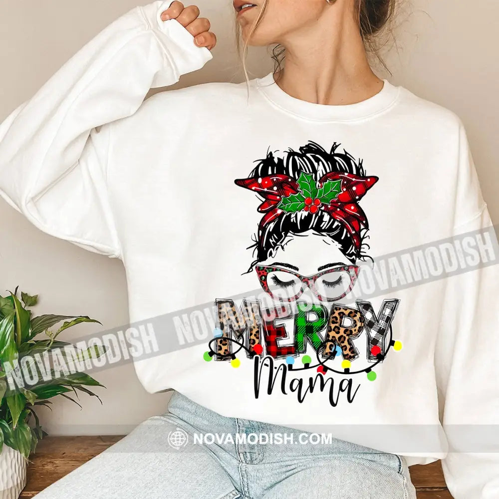 Woman T-Shirt Merry Mama Christmas Hoodie Gift For Long Sleeve / White S T-Shirt