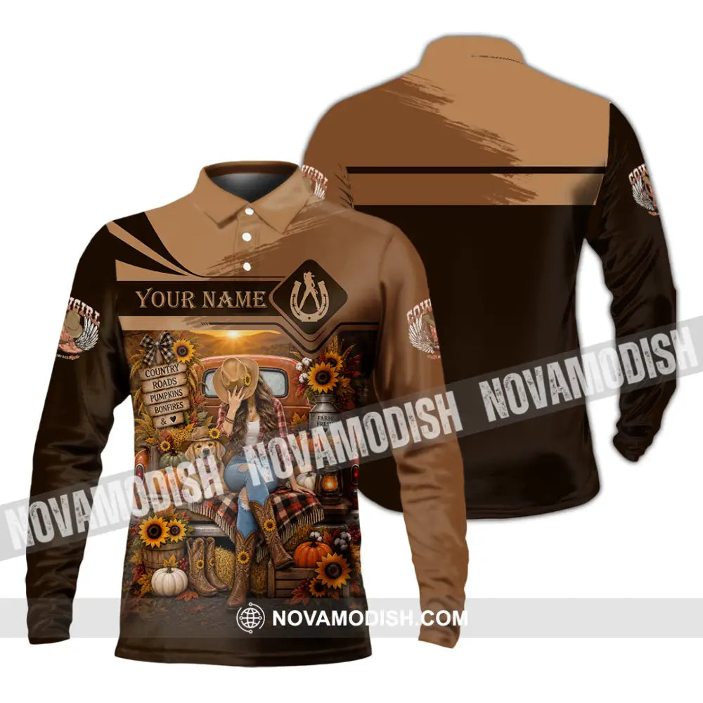 Women Shirt - Custom Autumn Cowgirl Shirt - Long Sleeve Polo / S - T-shirt