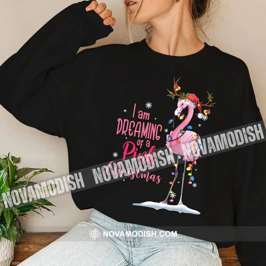 Women T-Shirt Flamingo Christmas Shirt Hoodie Gift For Long Sleeve / Black S T-Shirt