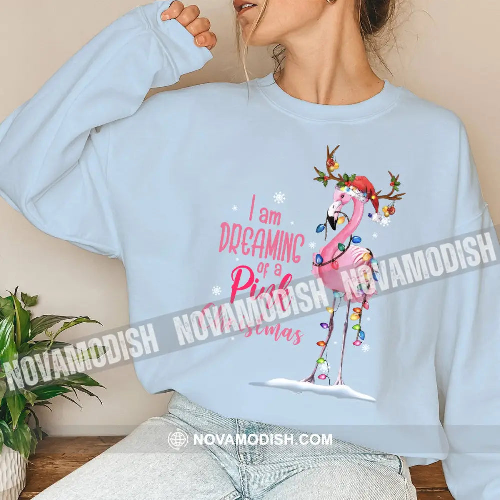 Women T-Shirt Flamingo Christmas Shirt Hoodie Gift For Long Sleeve / Blue S T-Shirt