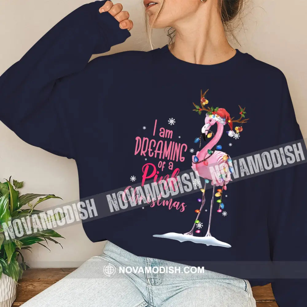 Women T-Shirt Flamingo Christmas Shirt Hoodie Gift For Long Sleeve / Dark Blue S T-Shirt