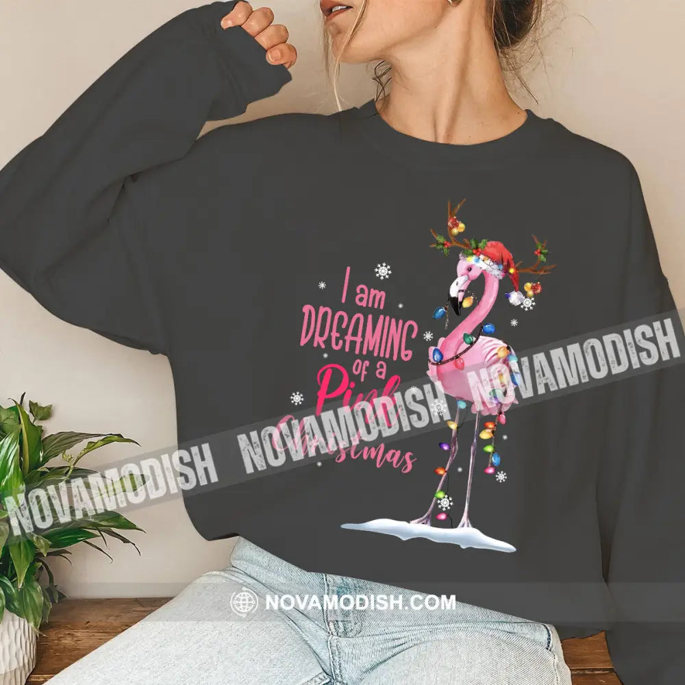 Women T-Shirt Flamingo Christmas Shirt Hoodie Gift For Long Sleeve / Dark Gray S T-Shirt