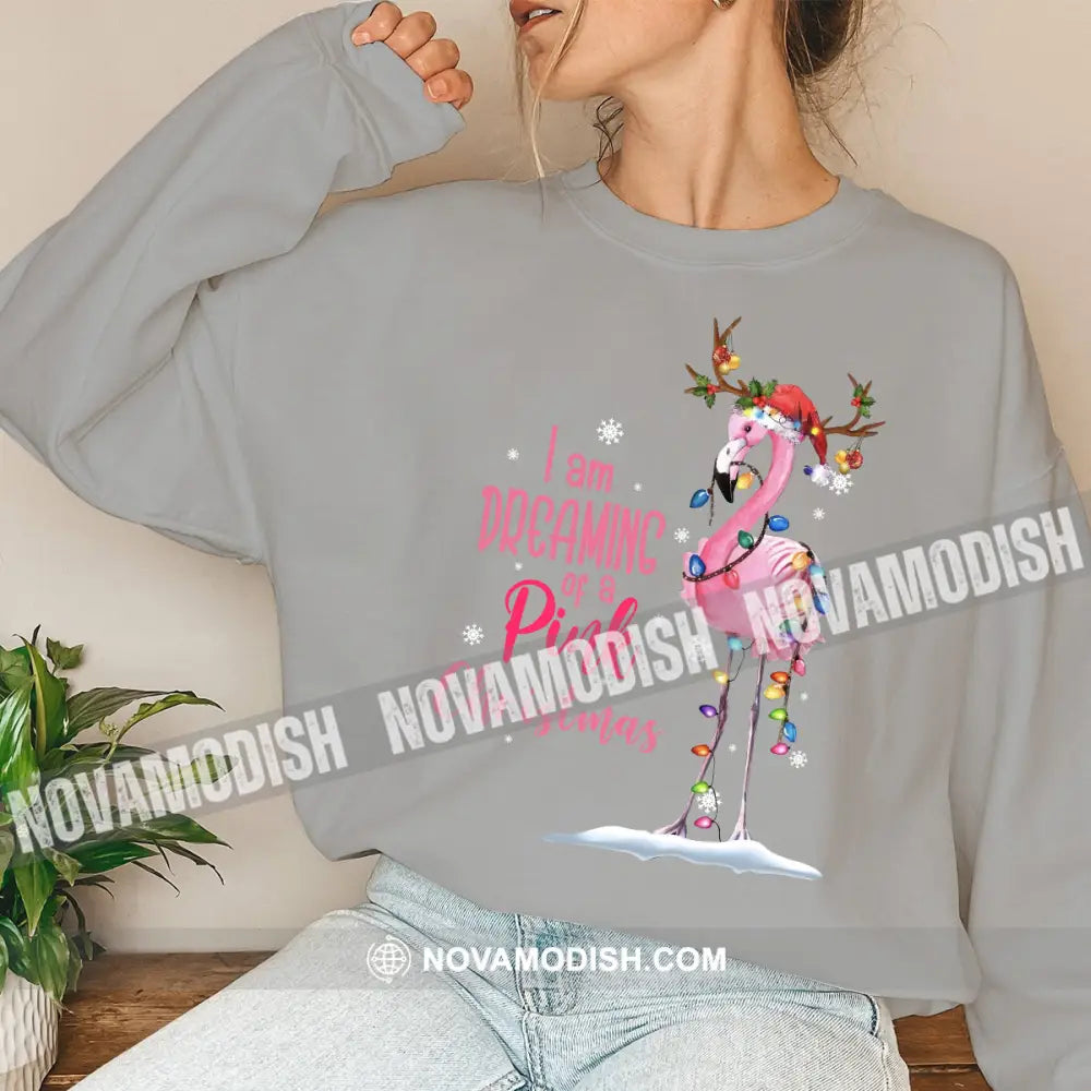 Women T-Shirt Flamingo Christmas Shirt Hoodie Gift For Long Sleeve / Gray S T-Shirt