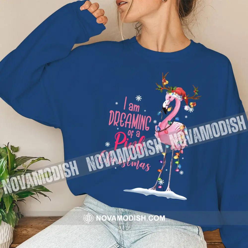 Women T-Shirt Flamingo Christmas Shirt Hoodie Gift For Long Sleeve / Navy Blue S T-Shirt