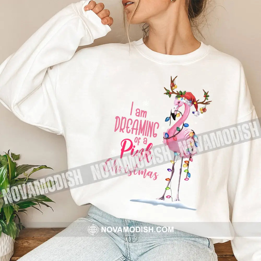 Women T-Shirt Flamingo Christmas Shirt Hoodie Gift For Long Sleeve / White S T-Shirt