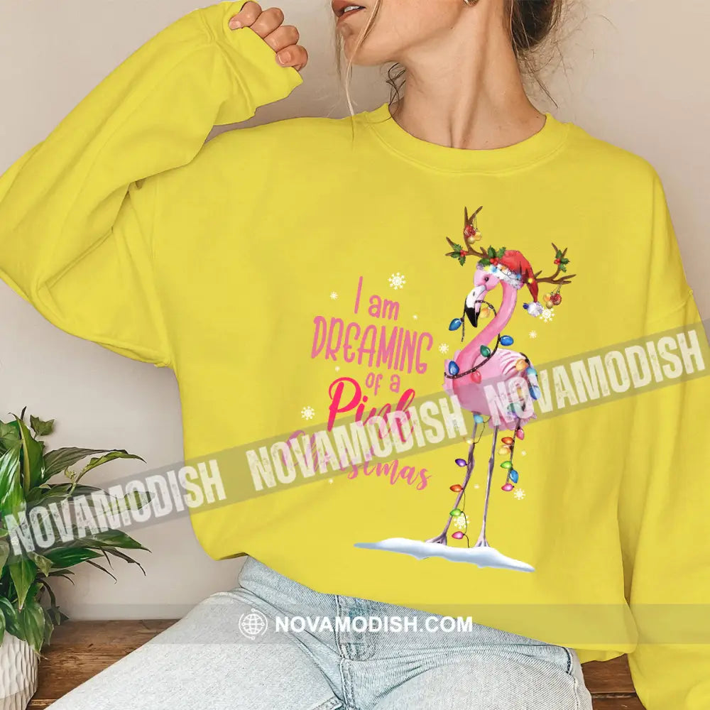 Women T-Shirt Flamingo Christmas Shirt Hoodie Gift For Long Sleeve / Yellow S T-Shirt